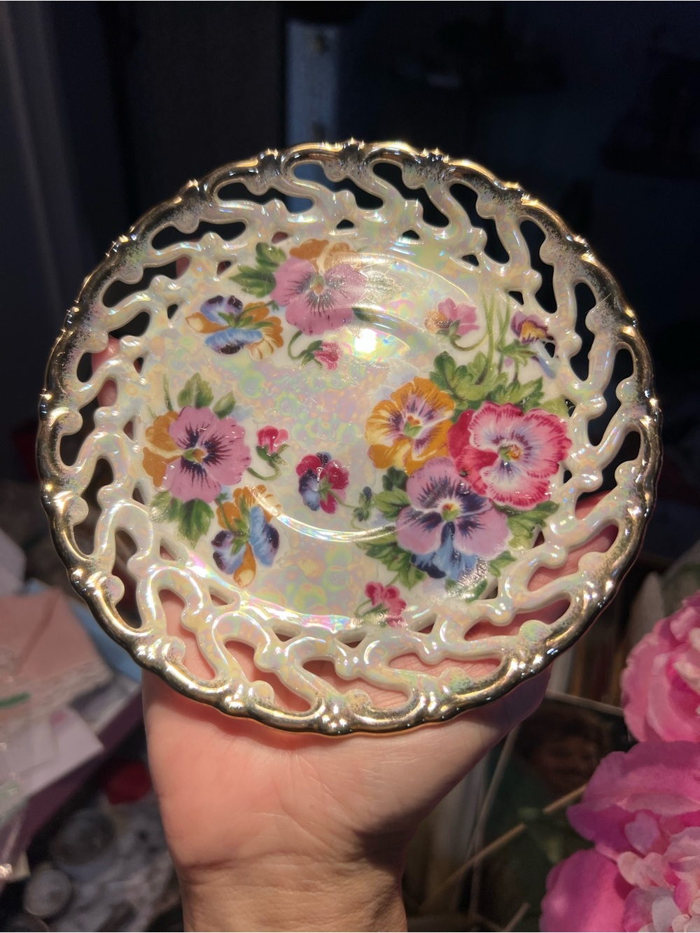 Iridescent Floral Pansy Saucer - Golden edged. A Beauty!
